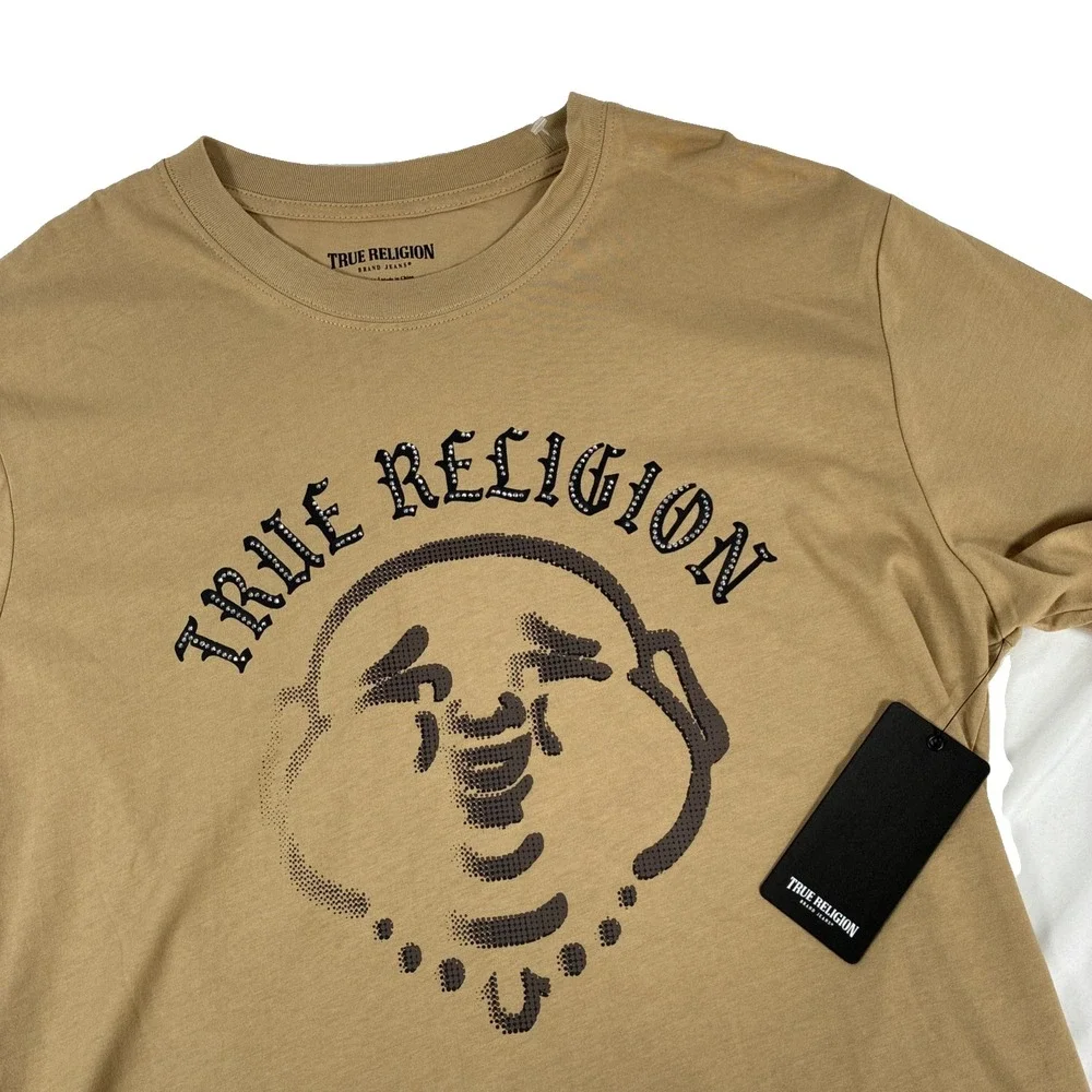 New True Religion Mens Stone Stud Buddha T-Shirt Size Medium NWT Beige